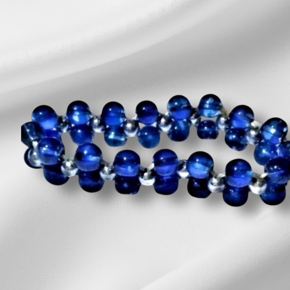 Ladies Beautiful Stretch Bracelet with Two Rows of Beads in a Rich Deep Blue - Picture 4 of 5